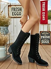 baratos Botas de combate-Botas femininas de cano médio em camurça sintética marrom escuro com salto grosso – botas estilo vintage para outono e inverno e uso diário