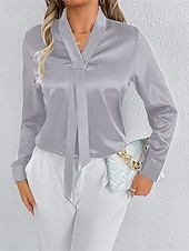  Жен. Рубашка Elegant Нарядный Атласный верх галстук спереди Сплошной цвет Стиль На каждый день Длинный рукав V-образный вырез Обычные топы Повседневные На выход Зеленый Светло-серый Весна Осень