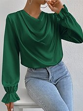 abordables Hauts habillés-Femmes Chemise Chemise en satin Uni Élégant Occasionnel manche longue Col Bénitier Hauts Réguliers Quotidien Sortir Drapé Noir Rose Claire Vert Abricot Printemps Automne