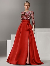 economico Abiti da Sera a Linea A-Abito da Sera A-Line Ricamato Floreale Elegante Formale Matrimonio Lungo Fino al Pavimento Mezza Manica Collo a Camicia di Satin con Fiocco(e) Spacco