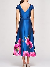 abordables Robes de cocktail-Ligne A Longueur cheville Robes de Cocktail Robes de soirée Fente Haute La mère de la mariée Manche Courte Bijoux Formel robe demoiselle d honneur Poche Satin avec Imprimé floral Poche