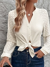 お買い得  テクスチャー付きトップ-女性用 シャツ レースシャツ ブラウス 平織り 近代の 長袖 Ｖネック レギュラートップス 日常 祝日 お出かけ レース パッチワーク アプリコット 秋