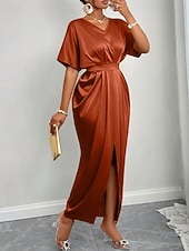 abordables Robe de cocktail-Femmes Robe Longue Maxi Robe Robe de Soirée Robe de Cocktail Robe en Satin Élégant Moderne Soirée Coupe régulière Uni Manche Courte Col en V Noir Jaune Bleu Roi Vert foncé Automne Hiver