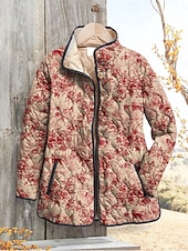 Недорогие Куртки с утеплителем-Жен. Зимняя куртка Пуховик Сохраняет тепло Удобный Карман Пуговицы С принтом Мода Повседневные На открытом воздухе Цветочный принт Отпуск Повседневные Однобортный крой Обычная Воротник-стойка