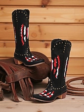 Broderade cowboystövlar i westernstil för kvinnor, svart och röd design med nitar, perfekta för holloween-festivaler, countrykonserter och vardagliga outfits billiga Cowboy & Western Boots-Broderade cowboystövlar i westernstil för kvinnor, svart och röd design med nitar, perfekta för holloween-festivaler, countrykonserter och vardagliga outfits