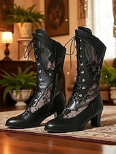  Damskie wiktoriańskie gotyckie sznurowane buty z siateczki – edwardiańskie botki z lat 1900. na średnim obcasie z koronką w kwiaty, idealne na bal przebierańców, występ sceniczny i cosplay w stylu retro