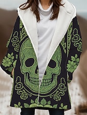 baratos Roupa de Halloween-Mulheres Casaco de inverno Jaqueta de Inverno A Prova de Vento Manter Quente Zíper Bolsos Forrada com Fleece Abertura Frontal Casual Caveiras Ao ar livre Férias Casa Casual Longo Com Capuz Normal