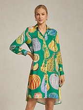 abito camicia da donna con stampa zucca verde, scollo a V, vestibilità ampia, orlo asimmetrico, spacco, per vacanza, quotidiano, lavoro, festa, autunno, primavera, estate economico Abiti floreali-abito camicia da donna con stampa zucca verde, scollo a V, vestibilità ampia, orlo asimmetrico, spacco, per vacanza, quotidiano, lavoro, festa, autunno, primavera, estate