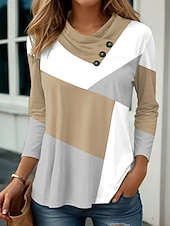 billige Stripe og geometrisk t-skjorte-Dame Tunika Grafisk Geometrisk Geometri Stilfull Fritid Langermet Cowl-hals V-hals Vanlige topper Daglig Knapper Trykt mønster Rosa Himmelblå Kakifarget Vår Høst Vinter