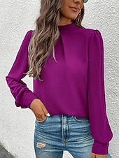 Χαμηλού Κόστους Επίσημες Μπλούζες-Γυναικεία Πουκάμισο Κομψή Φιλάρεσκος Σατέν Μπλούζα Συμπαγές Χρώμα Στυλάτο Καθημερινό Μακρυμάνικο Ζιβάγκο Κανονικά μπλουζάκια Καθημερινά Εξόδου Μαύρο Κίτρινο Πράσινο Ανοικτό Ρουμπίνι Βυσσινί