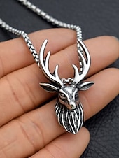 abordables Accessoires de Noël-Collier tête de cerf en alliage pour homme - Collier pendentif bois de cerf vintage, parfait pour le style extérieur et comme cadeau de Noël
