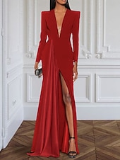 levne Tuxedo šaty-A-Linie večeerní šaty elegantní černé šaty smokinové šaty velkých velikostí formální šaty se vlečkou dlouhými rukávy V výstřih strečový materiál s sklady rozparem šaty na masquerade