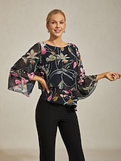 abordables camisas, tops y blusas-Blusa de mujer negra floral, manga 3/4, suelta, cuello redondo, informal, elegante, para vacaciones, primavera, verano y otoño.