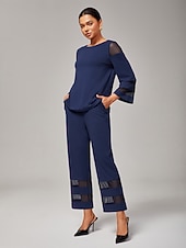 billige Todelt sett-dame marineblå modal chiffon matchende sett tettsittende bluse beskårne bukser elegant stilig komfortabel daglig arbeidskveldsklær høst