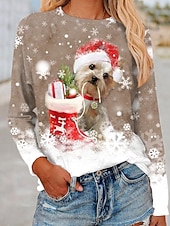 abordables Hauts de Noël-Noël Femmes T-shirt Graphique Chien Noël ancien Mode Élégant manche longue Col ras du cou Col rond Hauts Réguliers Quotidien Week-end Imprimé Bleu Violet Fuchsia Vert Kaki Automne Hiver