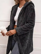 お買い得  フリースライニングジャケット-女性用 冬物コート シェルパジャケット 快適 高通気性 オープンフロント カジュアル 平織り バケーション ストリート カジュアル デイリーウェア オープンフロント ロング フード付き ルーズフィット 長袖 アウターウェア ブラック 春 秋