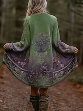 Women's Winter Coat Trench Coat Lightweight Comfortable Print Open Front Vintage Fashion Casual Floral Vacation Casual Long Collarless Regular Fit Long Sleeve Outerwear Green Spring Fall4