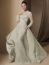 halpa Lattian pituus-Trumpetti / merenneito Hipaisulaahus Muodollinen mekko Iltapuku Overhameen mekko Pitkähihainen Pyöreä Tyylikäs Häävieras Joustava satiini Morsiammen äidin asu kanssa Pitsi Paljeteilla Röyhelöt