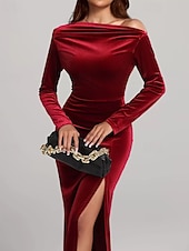 preiswerte abendkleider-Damen Midikleid Samtkleid Cocktailkleid Elegant Mode Modern Outdoor Party Party-Abendmode Normale Passform Einfach Langarm Schulterfrei Rote Frühling Herbst