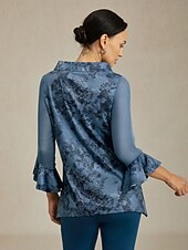 abordables Chemises et blouses-Chemisier femme gris bleu fleuri col montant manches à empiècements transparents ourlet asymétrique coupe confortable décontracté vacances printemps été automne