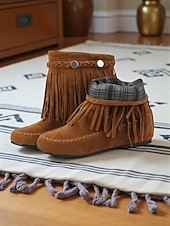 cheap Ankle Boots-Women's Bohemian Fringe Moccasin Boots Soft Suede Flat Ankle Shoes with Retro Detailing for Casual Outfits and Everyday Wear