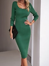 abordables Robes pull-Femmes Robe Midi Robe Pull Moulant Robe fourreau Mode Moderne Quotidien Fête Week-end Coupe régulière Uni manche longue Col carré Noir Bleu Vert Abricot Printemps Automne