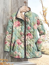 Недорогие Куртки с утеплителем-Жен. Зимняя куртка Пуховик Сохраняет тепло Удобный Карман Пуговицы С принтом Мода Повседневные На открытом воздухе Цветочный принт Отпуск Повседневные Однобортный крой Обычная Воротник-стойка