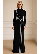abordables Robes de soirée fourreau-Robe de soirée fourreau / colonne ornée de cristaux, cravate noire, élégante robe de soirée formelle, longueur au sol, manches longues, col haut avec cristaux 2025