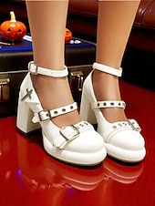 お買い得  女性向け-バックルストラップとクロスディテールを備えた女性用ゴシックプラットフォームメリージェーンヒール - ハロウィーン、コスプレ、ロックミュージックフェスティバルに最適な黒のチャンキーハイヒール
