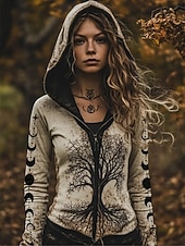 economico Tops Boho-Felpe con cappuccio e zip da donna in stile vichingo, stile boho, grafiche, attive, vintage, etniche, a maniche lunghe, con cappuccio, normali, per la casa, casual, sportive, con cerniera, grigio