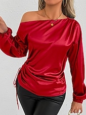  Mulheres Camisa Social Elegant Elegante Top de cetim Assimétrico Côr Sólida Tecido à moda Casual Manga Longa ombro frio Tops regulares Diário Para Noite Vermelho Verão Primavera Outono