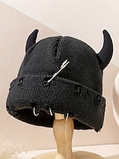 halpa Halloween-asusteet-unisex halloween-paholaisen sarvineulepipo – goottilainen punk-kallomyssy hakaneulalla ja rengaskorjauksilla miehille ja naisille, juhla-asu