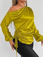 voordelige Elegante topjes-Dames Overhemd Satijnen overhemd Effen Kleur Stijlvol Casual Lange mouw koude schouder Normale tops Dagelijks Uitgaan Asymmetrisch Geel Bruin Lente Herfst