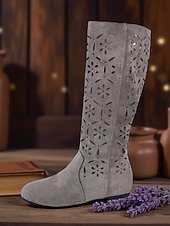 cheap Slouch Boots-Women&#039;s Slouchy Mid-Calf Boots with Floral Cutout Design, Casual Boho Style for Autumn Street and Everyday Wear