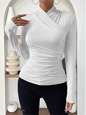 preiswerte Damen Einfache Oberteile-Damen Bluse Einfarbig Stilvoll Lässig Langarm V Ausschnitt Normale Oberteile Täglich Gerafft Schwarz Weiß Aprikose Grau Frühling Herbst Winter
