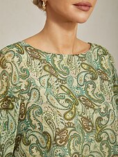 cheap Shirts,Tops &amp; Blouses-Women&#039;s Blouse Green Paisley Floral Layered 3/4 Sleeve Loose Fit Round Boat Neck Casual Elegant Spring Summer