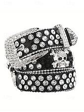 abordables Accessoires d&#039;Halloween-Ceinture unisexe Halloween en strass avec tête de mort – Accessoire de taille en similicuir punk rock scintillant pour fêtes, concerts et costumes