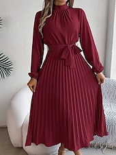 baratos Vestido Simples-Mulheres Vestido midi vestido de cetim Vestido de festa Vestido Coquetel Vestido franzido Elegante Moderno Festa de Noite Festa Encontro Normal Tecido Manga Longa Colarinho Chinês Preto Rosa Vinho