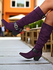 voordelige Slouch-laarzen-Paarse suède knielaarzen voor dames met gespen – western cowboystijl laarzen met blokhak voor herfstmode, Halloween-outfits en outdoor streetwear