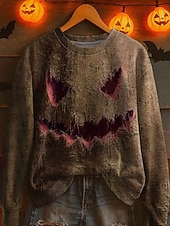 billige Halloween hettegenser og hettejakke-Halloween Kvinners Pullover Monster Grafikk Casual Langermet Crew Neck Regular Topper Gate Dagligbruk Casual Print Lilla Grønn Khaki Grå Høst Vinter