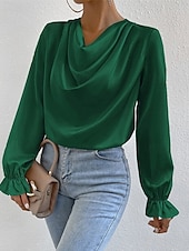 abordables Hauts habillés-Femmes Chemise Chemise en satin Uni Élégant Occasionnel manche longue Col Bénitier Hauts Réguliers Quotidien Sortir Drapé Noir Rose Claire Vert Abricot Printemps Automne
