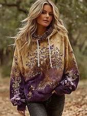 billige Blomstrete topper-Dame Pullover hettegenser-genser Blomstret Grafisk Elegant Varm Årgang Langermet Med hette Vanlige topper Gate Hverdag Avslappet Lapper Trykt mønster Gul Vår Høst Vinter