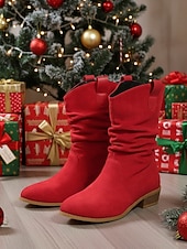 abordables Bottes souples-Bottes mi-mollet souples en faux daim rouge pour femmes avec talon bas et languettes de traction – chaussures d&#039;hiver et de vacances élégantes pour les tenues décontractées et Noël