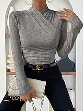 preiswerte Damen Einfache Oberteile-Damen Bluse Einfarbig Stilvoll Lässig Langarm V Ausschnitt Normale Oberteile Täglich Gerafft Schwarz Weiß Aprikose Grau Frühling Herbst Winter