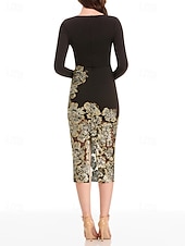 billige Cocktailkjoler-Linjeform Te-lengde Knelengde Perlebrodert Formell kjole Kjole til brudens mor Cocktailkjoler Festkjoler Elegant Langermet Båthals Hage fest Bryllup Stretch Crepe med Paljett