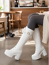 abordables Bottes de combat-Bottes à lacets blanches à plateforme pour femmes, hauteur genou, avec talon carré et bride à boucle - Chaussures de mode rétro pour les fêtes, le cosplay et les soirées