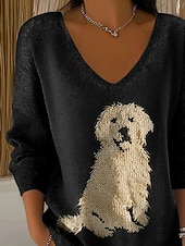 Χαμηλού Κόστους Πουλόβερ &amp; Μπλούζες-γυναικείο πουλόβερ golden retriever μόδα streetwear casual γραφικό ζώο λαιμόκοψη V oversized πλεκτό μακρυμάνικο κανονικό τοπ πλεκτό ΕΞΩΤΕΡΙΚΟΥ ΧΩΡΟΥ καθημερινό μαύρο άνοιξη φθινόπωρο