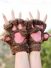 baratos Luvas femininas-Luvas de pelúcia femininas com garras de gato – luvas fofas e peludas com garras de gato, luvas sem dedos quentes e macias para inverno, para cosplay, Halloween e uso diário