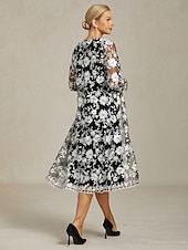 お買い得  コートとトレンチコート-女性用 コート 高通気性 レース 刺繍 エレガント フラワー フォーマル 結婚式 パーティー ロング クルーネック ルーズフィット 長袖 アウターウェア ブラック 夏 春