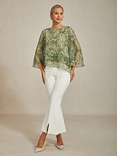 cheap Shirts,Tops &amp; Blouses-Women&#039;s Blouse Green Paisley Floral Layered 3/4 Sleeve Loose Fit Round Boat Neck Casual Elegant Spring Summer